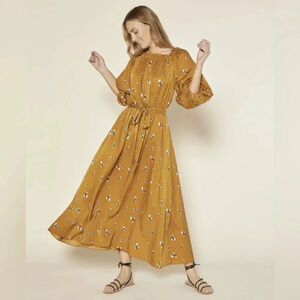 Outerknown Wildflower Gold Floral Pattern Long‎ Sleeve Silk Blend Maxi Dress
